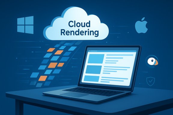 Cloud rendering on a laptop in a blue tech-themed scene. Cloud rendering on a laptop in a blue tech-themed scene.