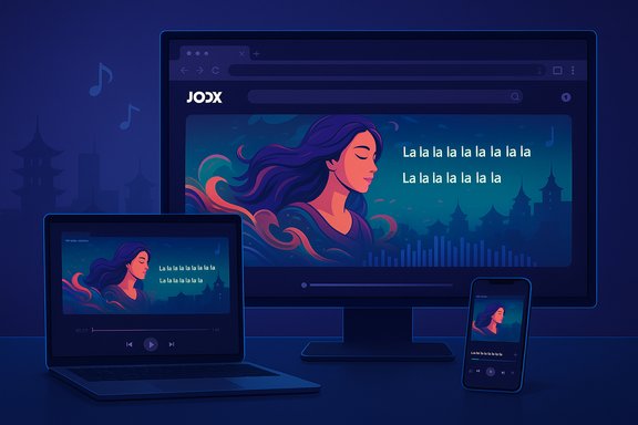 Blue-toned lyric video displayed across laptop, tablet, and phone on a music-streaming UI.