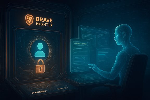 Futuristic control room with a locked vault, Brave Nightly branding, and a holographic user at a console.