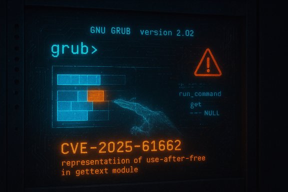 Glowing screen displays a GNU GRUB prompt, warning icon, and CVE text about a use-after-free flaw.
