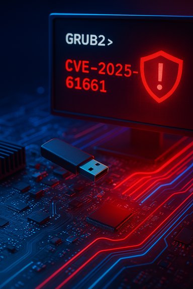 USB drive above a circuit board shows a GRUB2 prompt and CVE-2025-61661 warning.