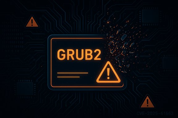 Neon GRUB2 warning on a dark circuit-board, with orange warning triangles and shattered fragments.