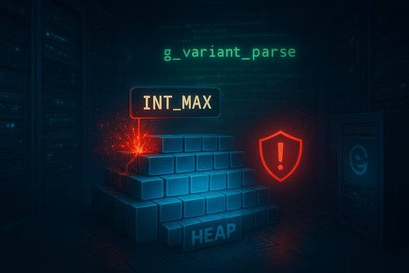 A dark data center shows a HEAP brick pyramid under INT_MAX, with sparks and a red warning shield.