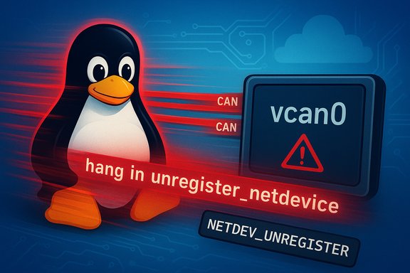 Linux penguin beside a vcan0 interface, with a warning about unregistering the network device.