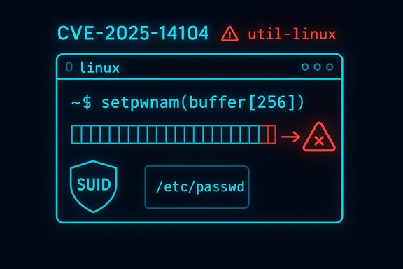 Neon terminal shows CVE-2025-14104 in util-linux, a SUID exploit targeting /etc/passwd.