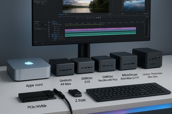 A row of compact mini PCs under a monitor, labeled with Apple Mac mini and Lenovo ThinkCentre Neo Ultra.