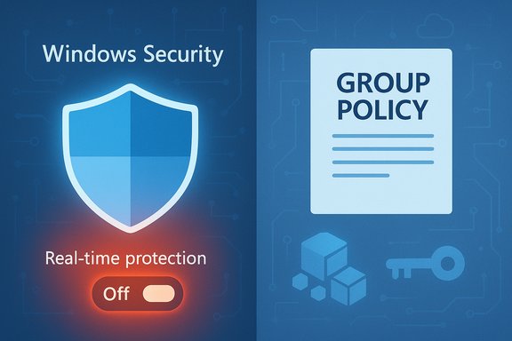 Windows Security shield shows Real-time protection Off; Group Policy document on the right.