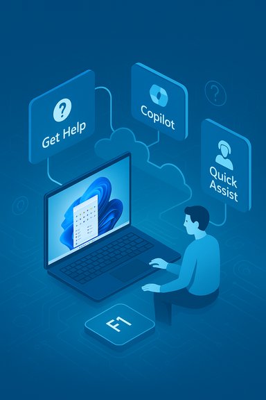 Person using a laptop with cloud-based AI tools like Get Help, Copilot, and Quick Assist.