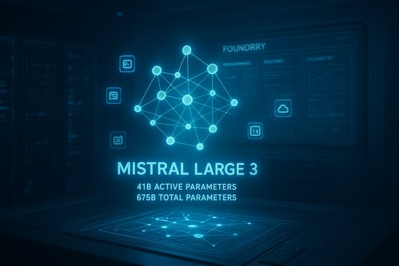 Holographic display shows MISTRAL LARGE 3 neural network with 41B active and 675B total parameters.