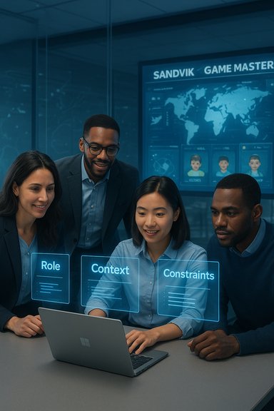A diverse team collaborates around a laptop, with holographic panels labeled Role, Context, and Constraints.