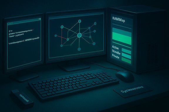 Three-monitor workstation displaying code, a network graph, and RAM usage stats.