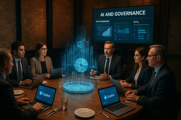 Executives discuss AI governance around a round table as a blue holographic data visualization glows.