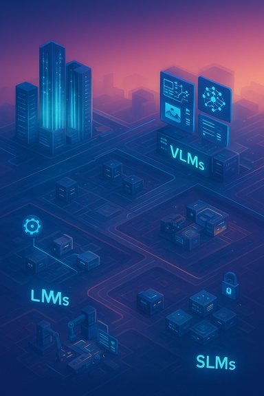 Futuristic neon cityscape depicting VLMs, LMs and SLMs data infrastructure across a server network.