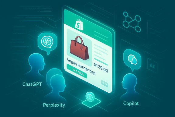 An online store display on a tablet shows a vegan leather bag priced $139, in stock, amid AI chat icons.