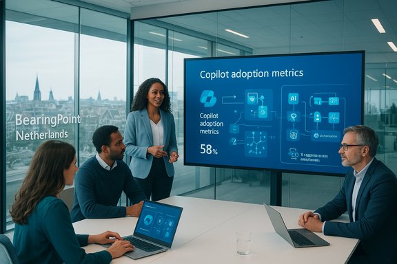 A diverse team presents Copilot adoption metrics in a glass-walled conference room.
