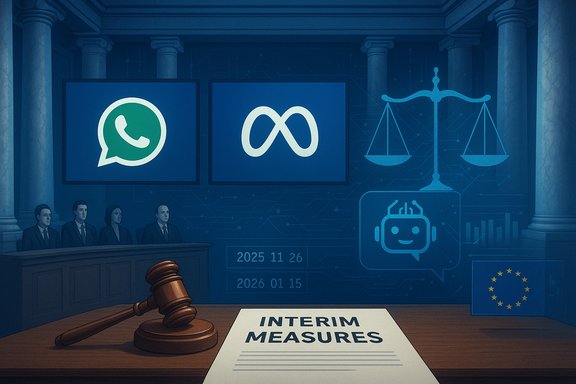 Courtroom scene where interim measures in a tech case involve WhatsApp and Meta logos.