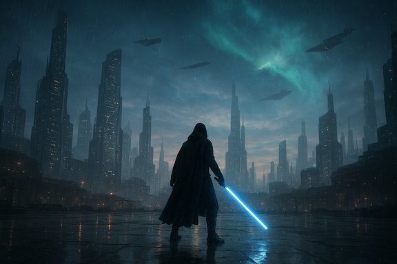 A hooded figure with a glowing blue lightsaber stands in a rain-soaked, neon-lit futuristic city.