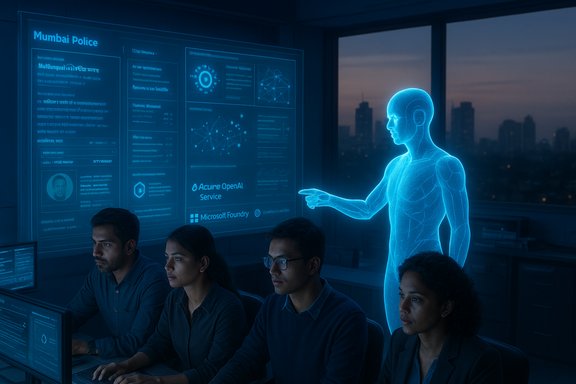 Four analysts in a high-tech control room review dashboards as a blue holographic figure guides them.