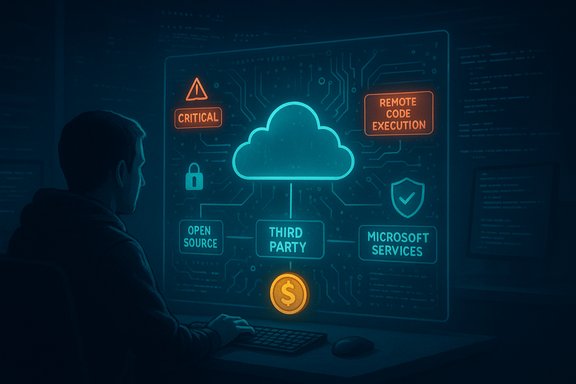 A person studies a neon cloud security diagram highlighting critical risks and third-party dependencies.