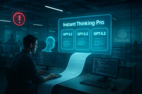 A coder sits at a desk with a glowing holographic display titled 'Instant Thinking Pro' showing GPT-5.2 modules. A coder sits at a desk with a glowing holographic display titled 'Instant Thinking Pro' showing GPT-5.2 modules.
