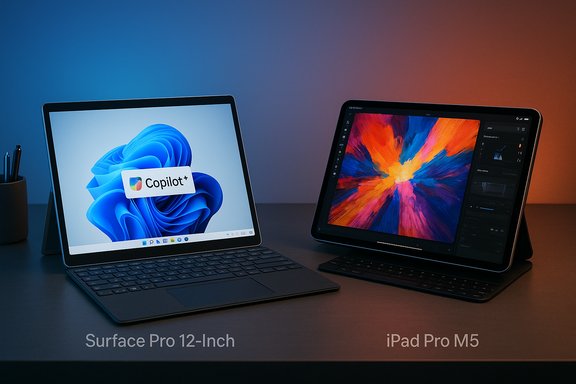 Surface Pro 12-Inch and iPad Pro M5 sit side by side on a desk, Copilot+ visible on the Surface screen.