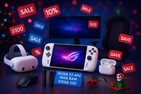 Gamer setup with VR headset, handheld console, monitor, and floating sale tags.