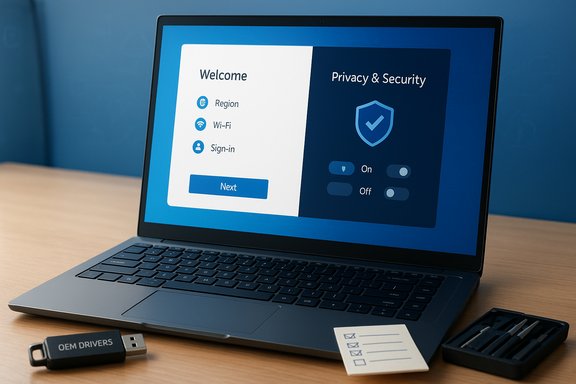 Laptop on a desk displaying a setup wizard with Welcome and Privacy & Security panels.
