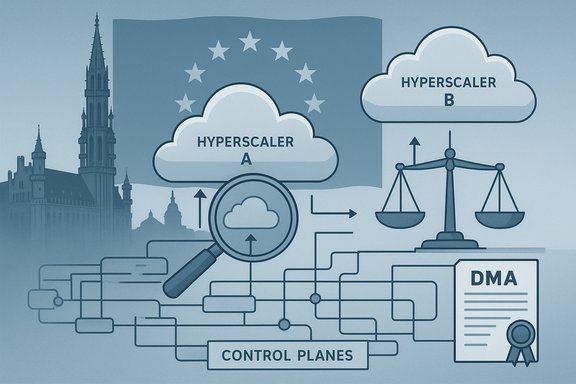 An infographic showing Hyperscalers A and B, control planes, cloud, and a DMA document.