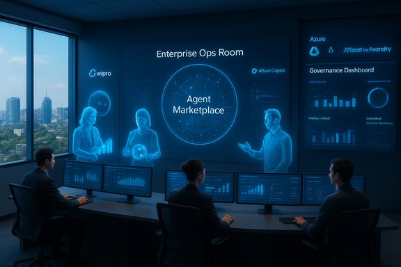 Enterprise Ops Room with analysts at desks and a blue holographic Agent Marketplace display.