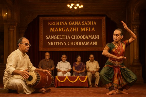 A traditional Indian music and dance performance on stage, featuring a mridangam player and a dancer.