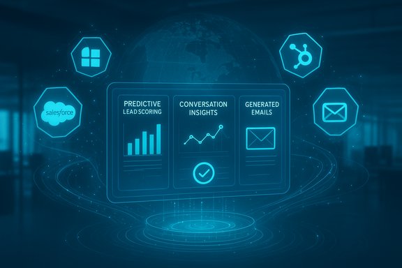 Futuristic holographic dashboard showing predictive lead scoring, insights, and generated emails.