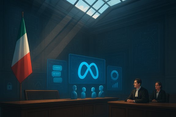 A futuristic Italian courtroom with holographic screens displaying a blue infinity logo and two lawyers.