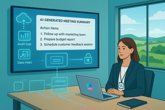 Professional woman reviews an AI-generated meeting summary on a large screen in a modern office.