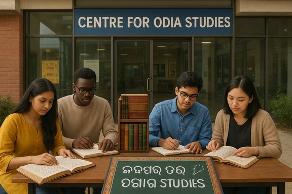 Four students study with open books outside the Centre for Odia Studies.
