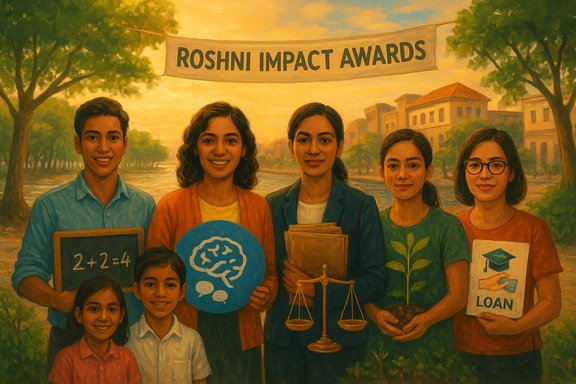 Young finalists stand under a Roshni Impact Awards banner, holding symbols of education, science, justice, and sustainability.