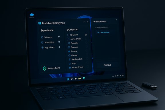 Dark Windows laptop screen showing a debloat tool UI with Portable Bloatrynos and Win11Debloat.
