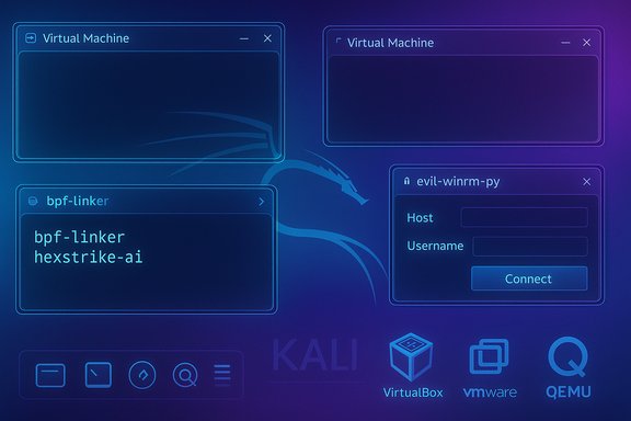 Kali Linux desktop with neon-blue VM windows and a connect form.