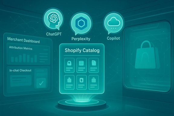 A holographic Shopify catalog interface with AI assistants and a merchant dashboard.