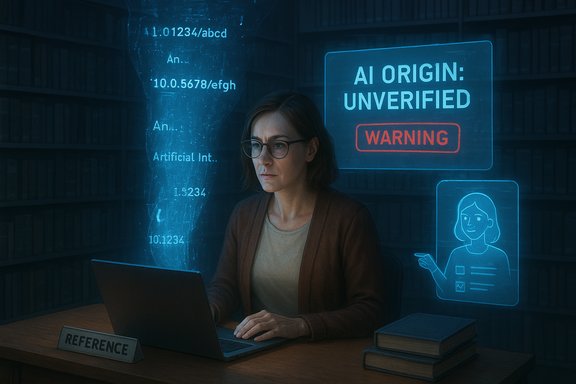 A researcher sits at a laptop in a dim library, facing holographic AI-origin warnings.