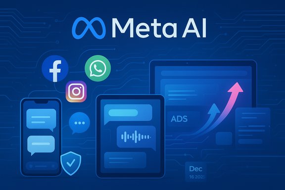 Meta AI concept: social icons and devices on a blue circuit background.