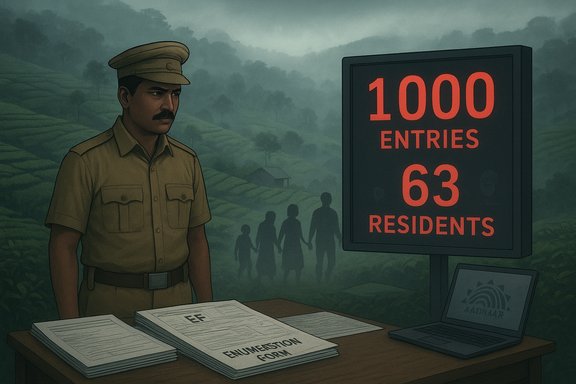 Census officer beside a desk of forms, as a sign reads 1000 entries and 63 residents.