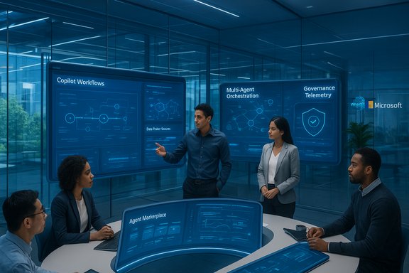 A diverse team presents data on large blue screens in a modern, high-tech conference room. A diverse team presents data on large blue screens in a modern, high-tech conference room.
