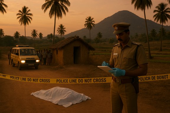 Sunset crime scene with a police officer taking notes beside a body covered by a sheet near huts.