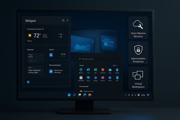 A dark Windows-style dashboard on a monitor, featuring weather, calendar, stocks, and quick actions.