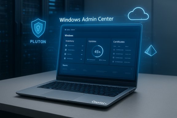 Laptop displaying Windows Admin Center dashboard with cloud and shield icons in a blue, futuristic UI.
