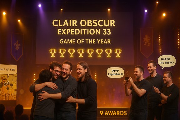 Team hugs on stage after winning Game of the Year at Clair Obscur Expedition 33 awards.