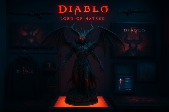 A demon statue with fiery red eyes and large bat-like wings stands on a glowing orange pedestal in a Diablo exhibit.
