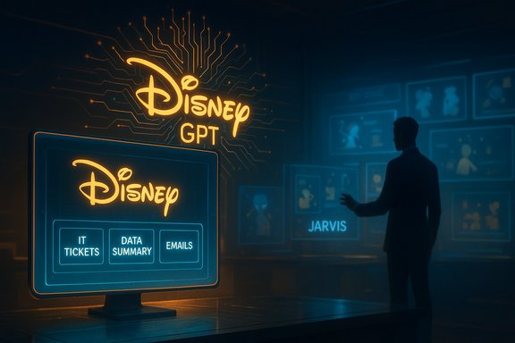 Futuristic Disney GPT dashboard glows with IT tickets, data summary, and emails as a silhouette watches.