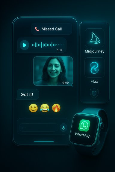 Neon-blue smartphone UI showing a missed call, voice message, video, and emojis, with a WhatsApp smartwatch nearby.