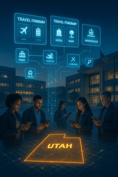 A team examines holographic travel itineraries above a glowing Utah outline.